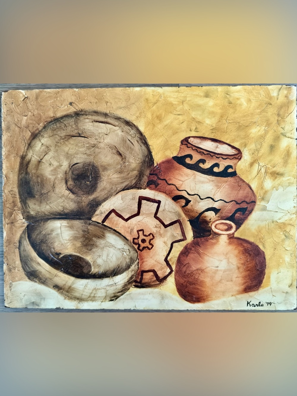 Vintage 1979 Original Oil Painting Southwest Pottery Still Life Hardboard 16x12